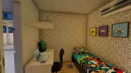 Projeção 3D da segunda suíte com cama e bancada de estudos